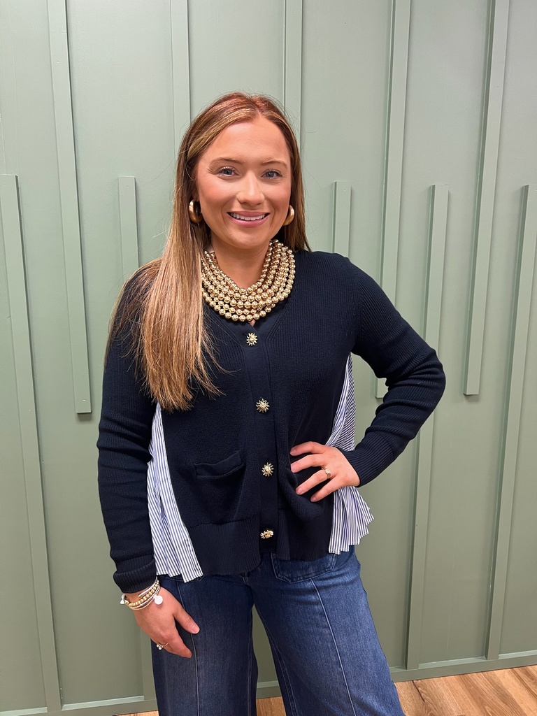 NAVY SWEATER WITH STRIPE ACCENTS