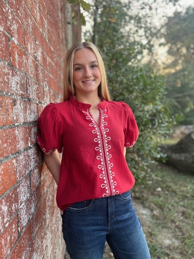 EMBROIDERED DETAIL TOP RED